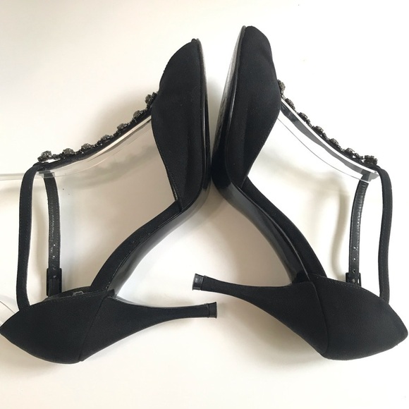 Stuart Weitzman Black Satin Peep Toe Heels Crystal Embellishment T-Strap Sz 5 - Picture 11 of 16